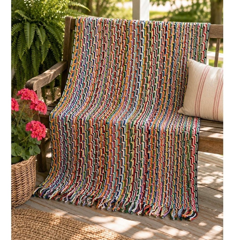 Hand Crocheted Reversible Rainbow Zigzag Stripe Afghan Blanket Fringe 70x45